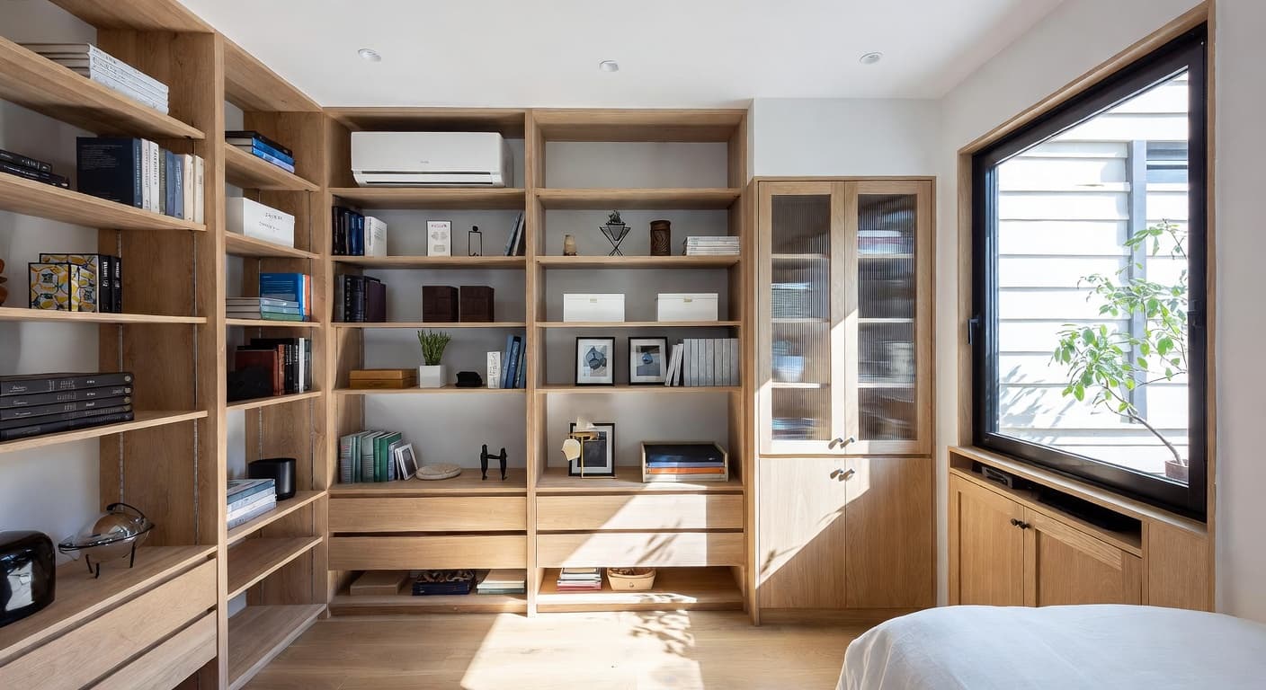 Japandi storage room interior design - featuring japandi style furniture, decor, colors, and layout ideas for your storage room