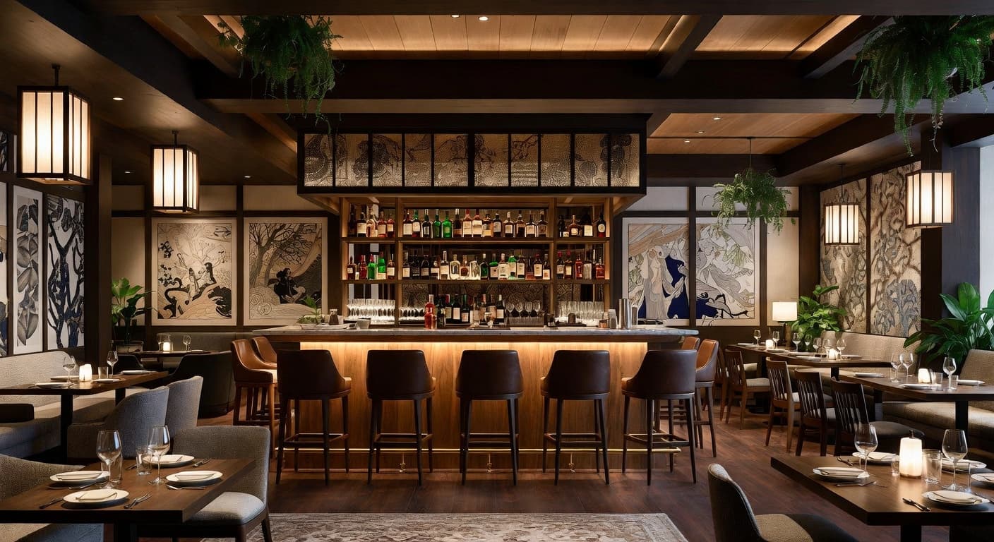 Japanese bar room interior design - featuring japanese style furniture, decor, colors, and layout ideas for your bar room