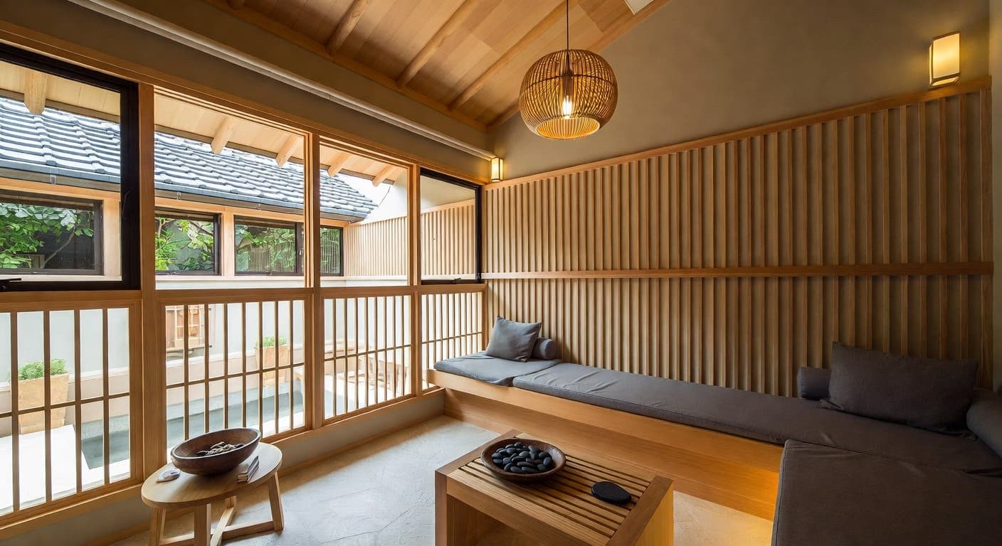 Japanese sauna / spa room interior design - featuring japanese style furniture, decor, colors, and layout ideas for your sauna / spa room