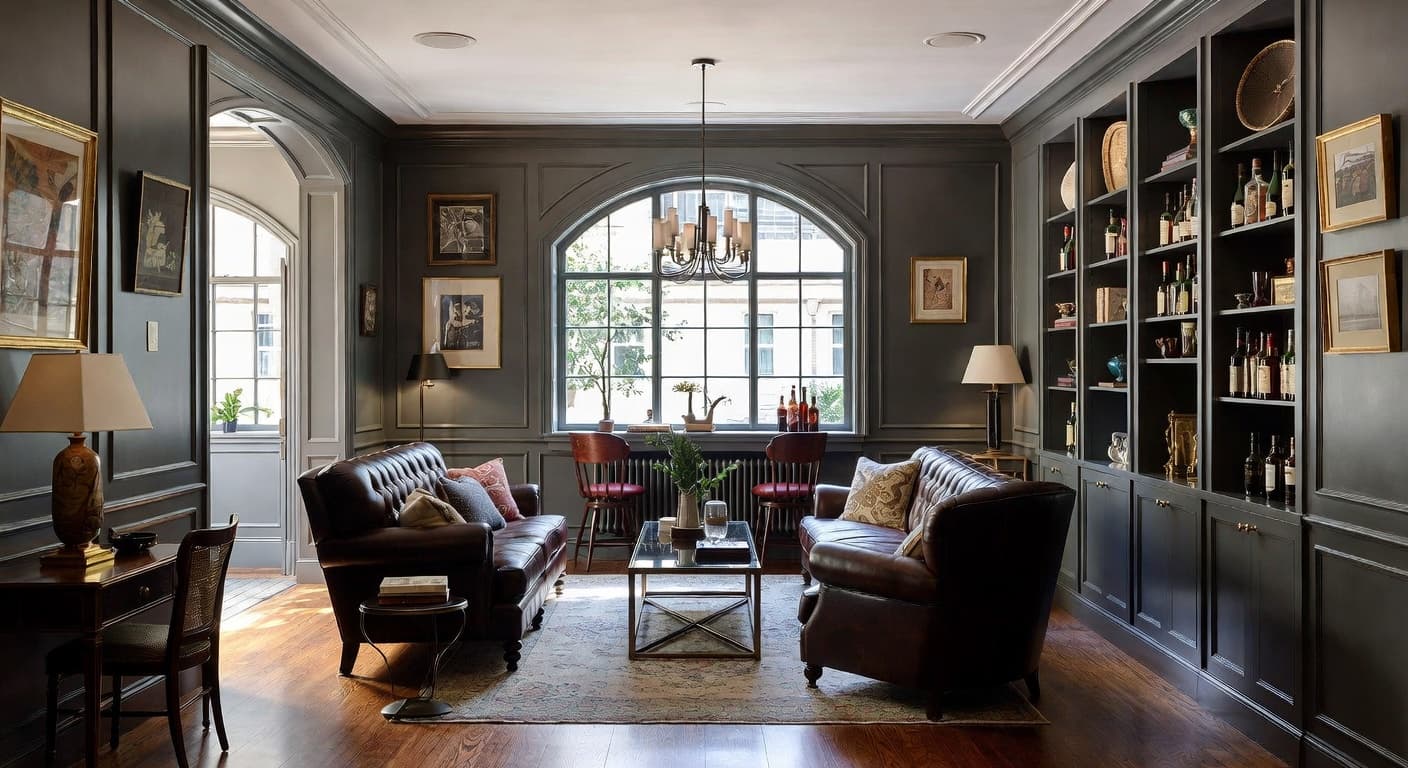 Kinfolk smoking room / cigar lounge interior design - featuring kinfolk style furniture, decor, colors, and layout ideas for your smoking room / cigar lounge