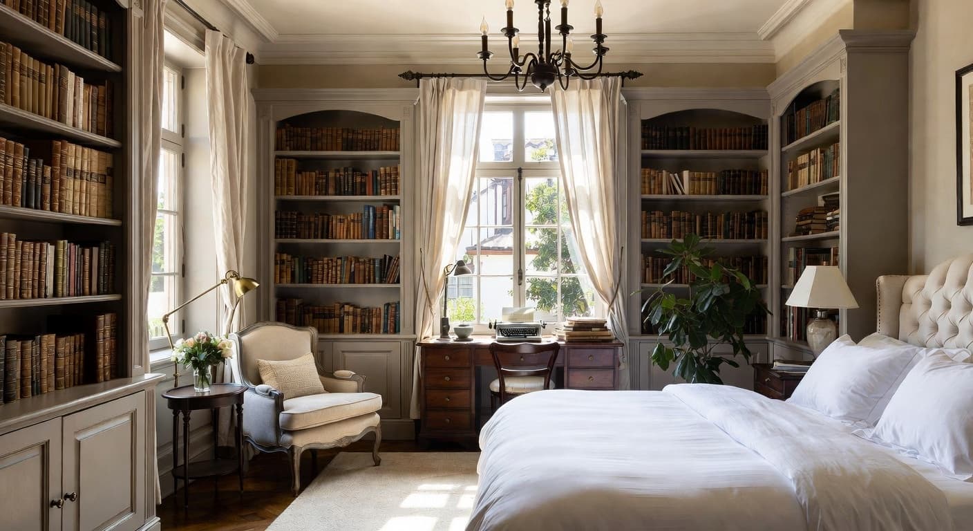 Light Academia guest room interior design - featuring light academia style furniture, decor, colors, and layout ideas for your guest room