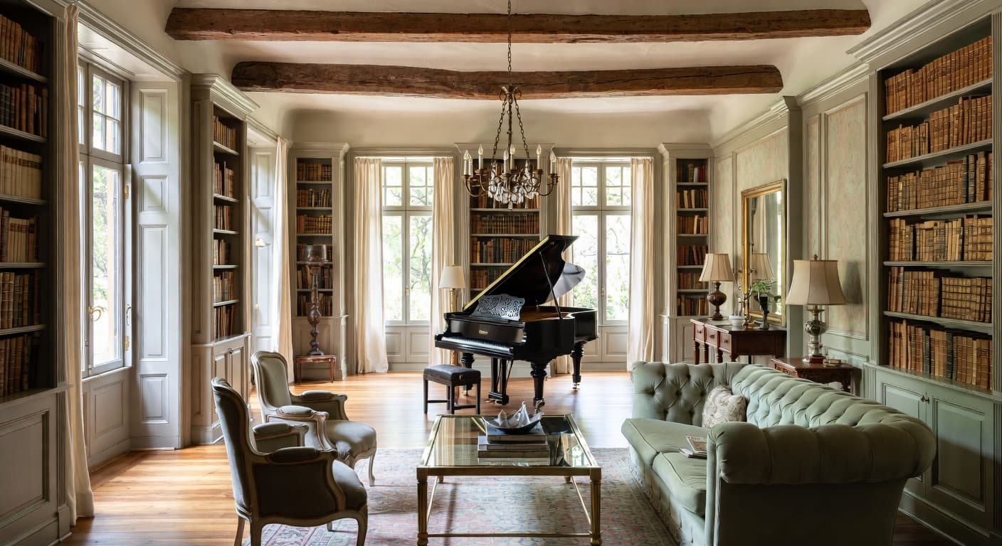 Light Academia music room interior design - featuring light academia style furniture, decor, colors, and layout ideas for your music room