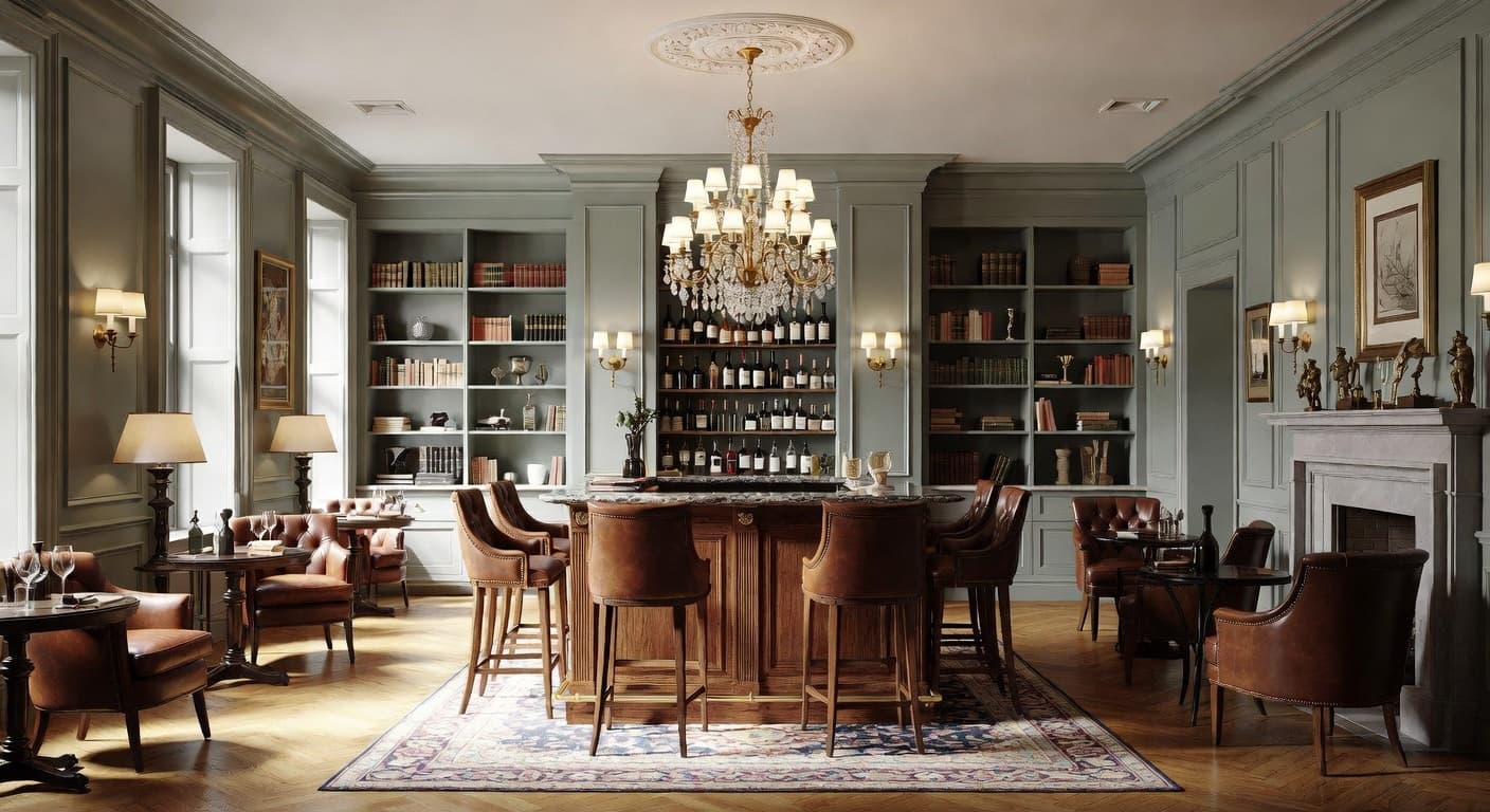 Light Academia smoking room / cigar lounge interior design - featuring light academia style furniture, decor, colors, and layout ideas for your smoking room / cigar lounge