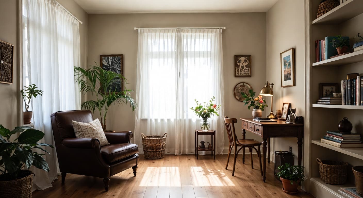 Light Academia teen room / den interior design - featuring light academia style furniture, decor, colors, and layout ideas for your teen room / den