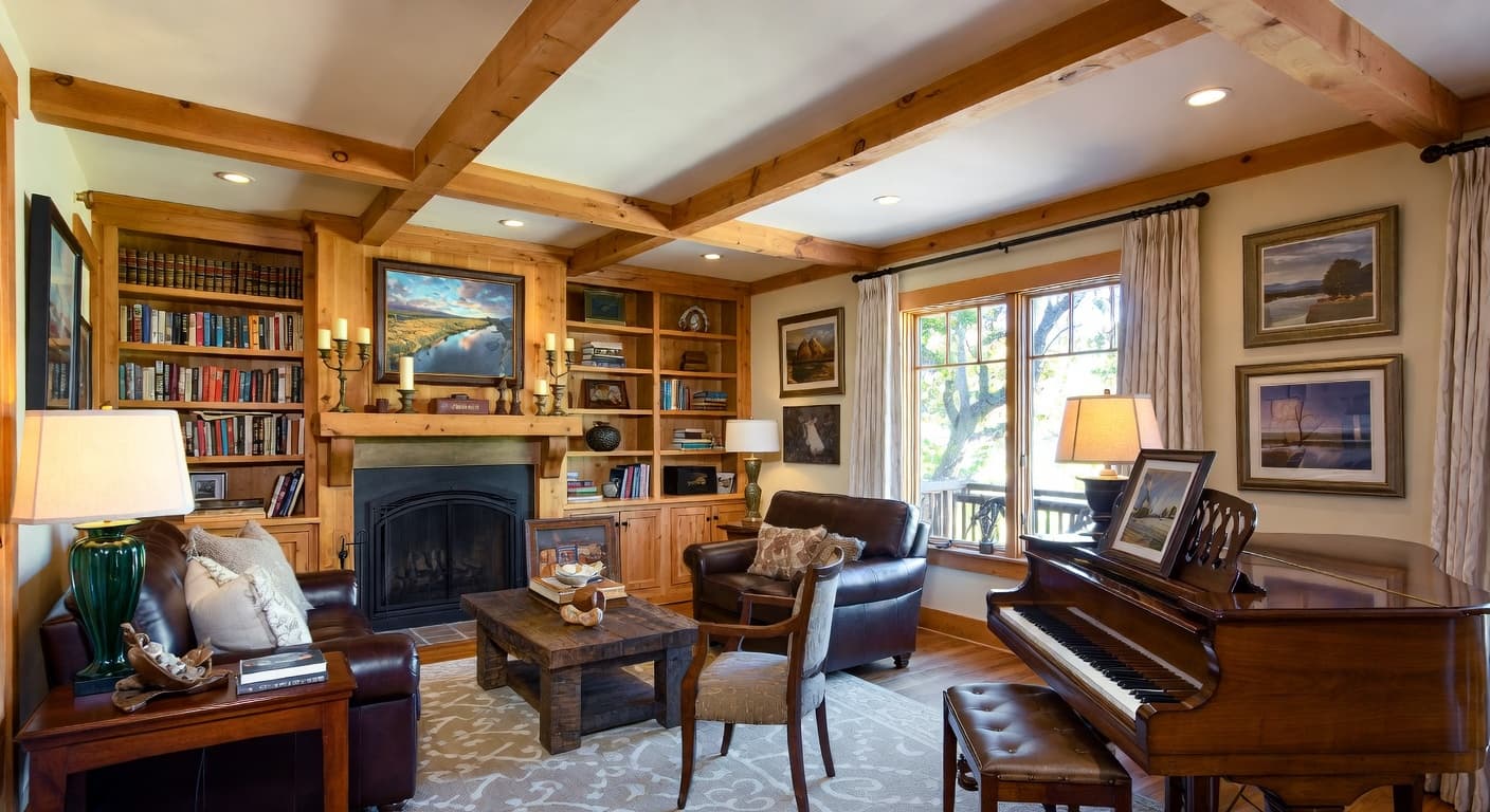 Lodge music room interior design - featuring lodge style furniture, decor, colors, and layout ideas for your music room