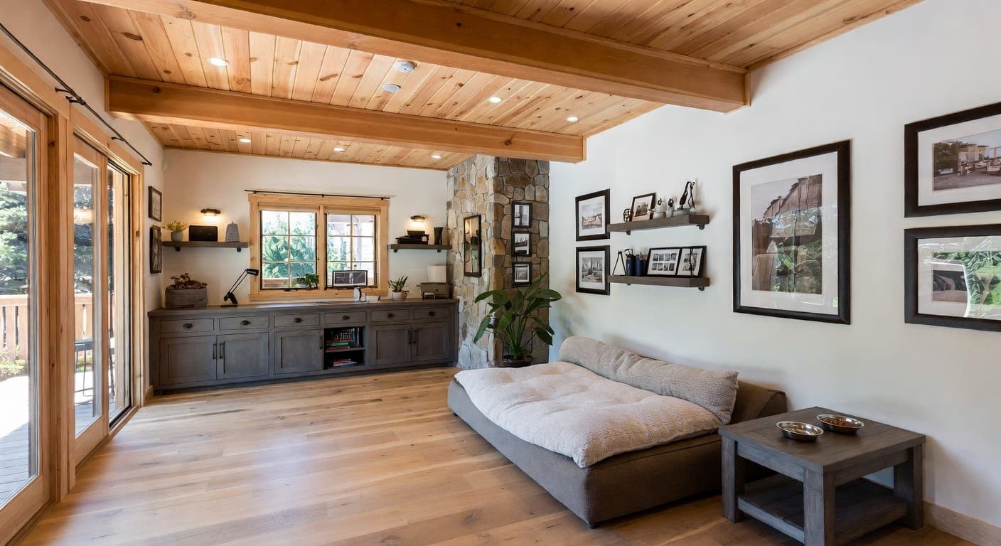 Lodge pet room interior design - featuring lodge style furniture, decor, colors, and layout ideas for your pet room