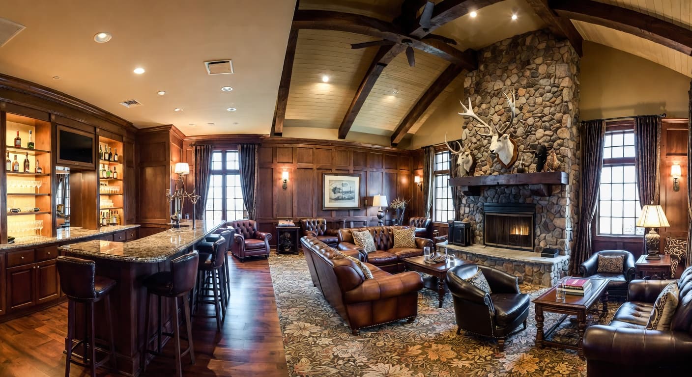 Lodge smoking room / cigar lounge interior design - featuring lodge style furniture, decor, colors, and layout ideas for your smoking room / cigar lounge