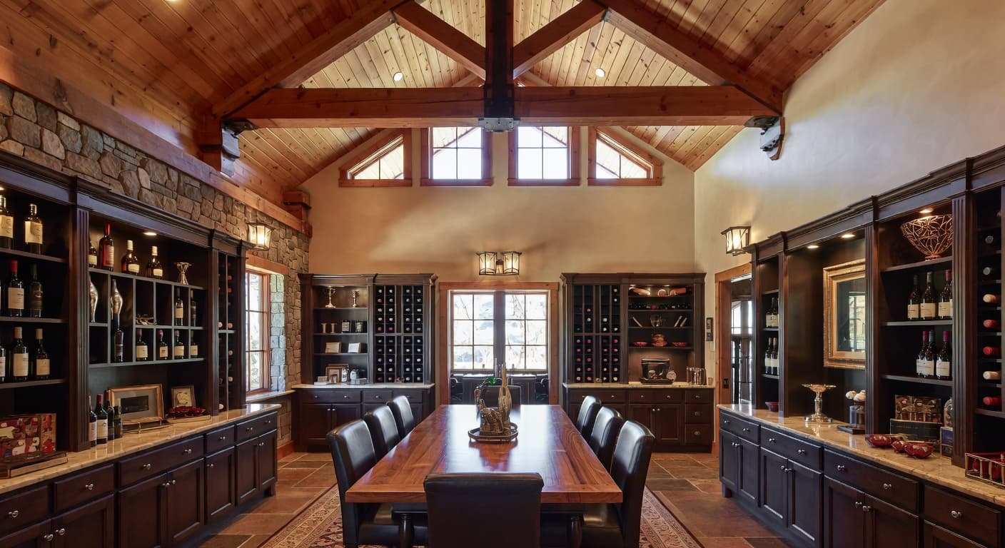Lodge wine cellar interior design - featuring lodge style furniture, decor, colors, and layout ideas for your wine cellar