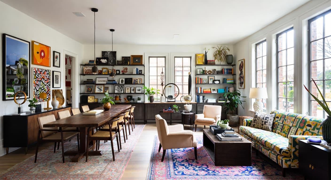 Maximalist craft room / studio interior design - featuring maximalist style furniture, decor, colors, and layout ideas for your craft room / studio