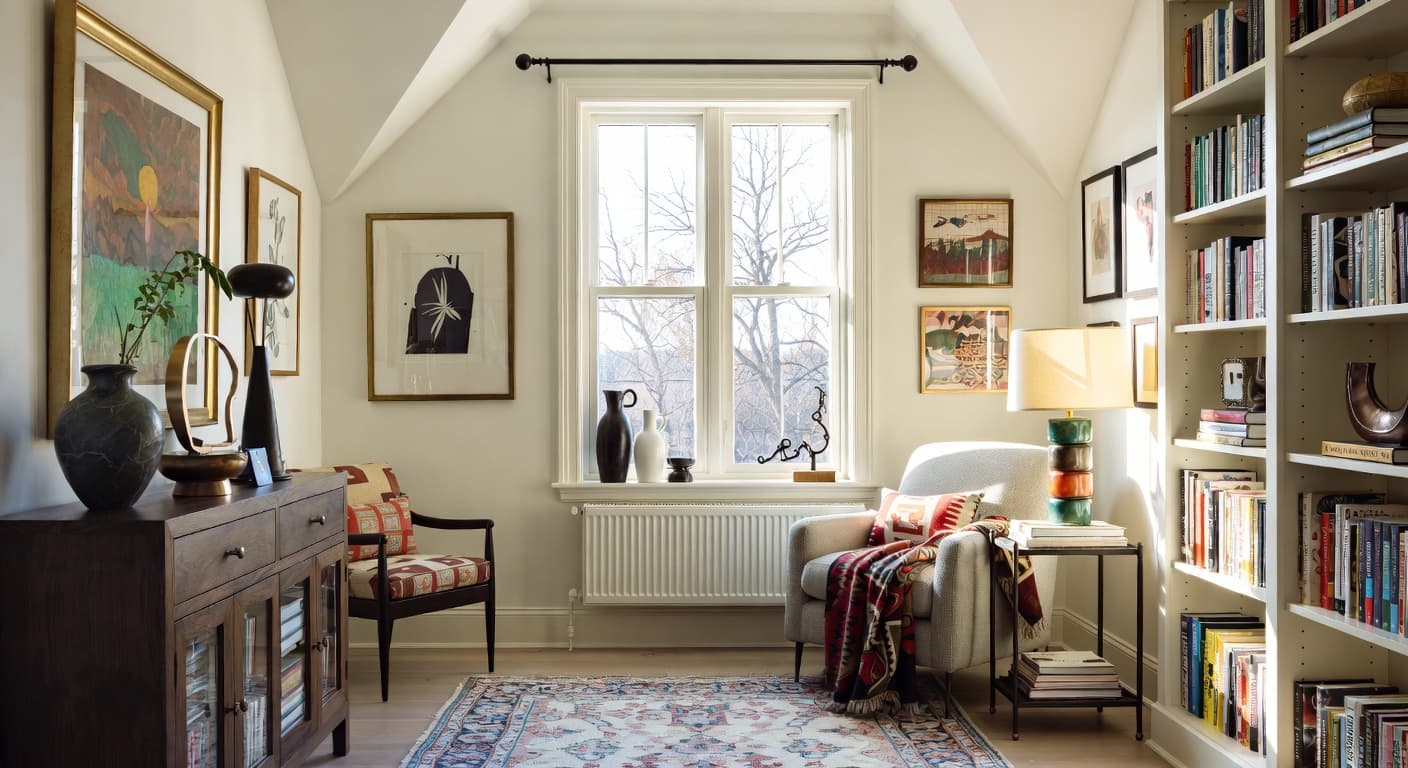 Maximalist reading nook interior design - featuring maximalist style furniture, decor, colors, and layout ideas for your reading nook