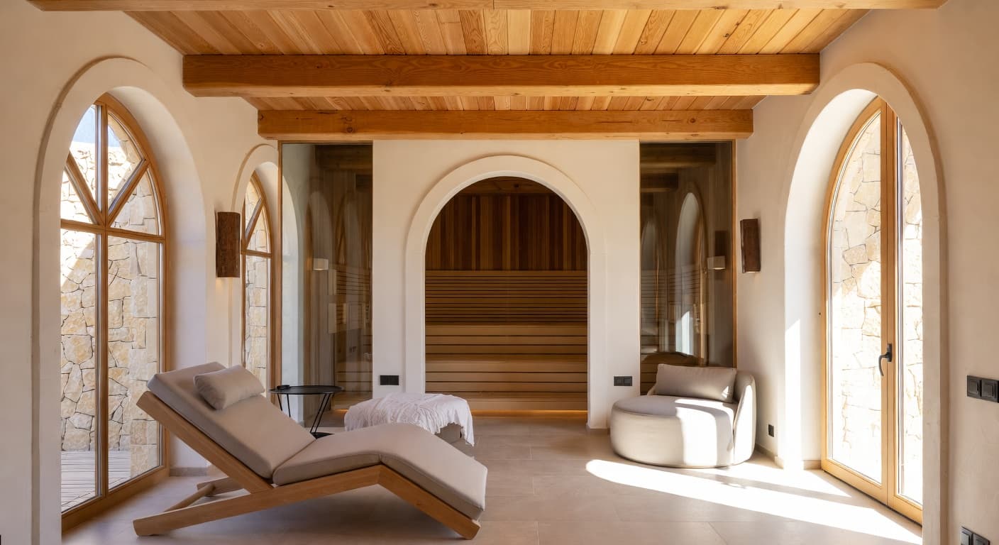 Mediterranean sauna / spa room interior design - featuring mediterranean style furniture, decor, colors, and layout ideas for your sauna / spa room