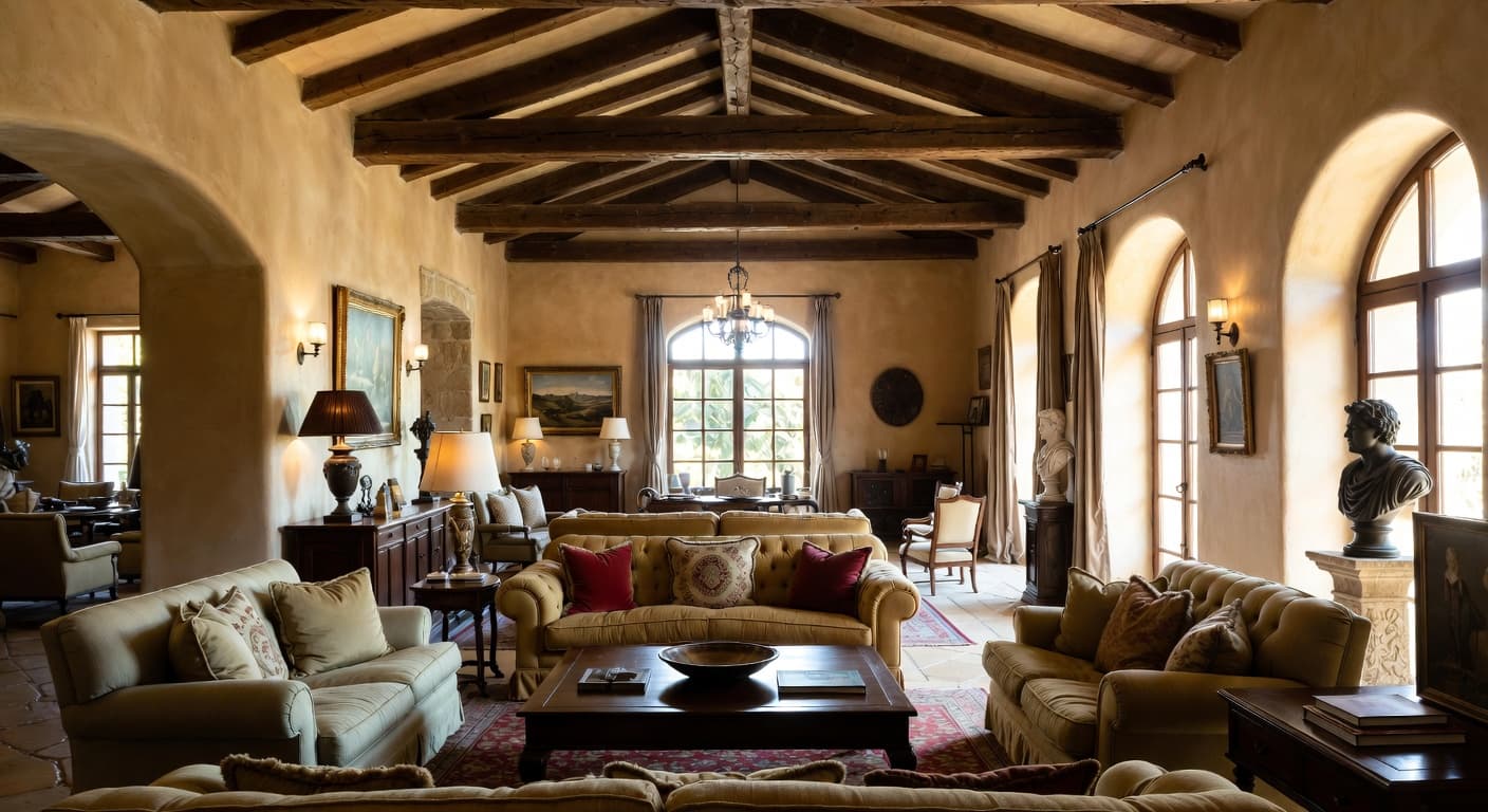 Mediterranean smoking room / cigar lounge interior design - featuring mediterranean style furniture, decor, colors, and layout ideas for your smoking room / cigar lounge