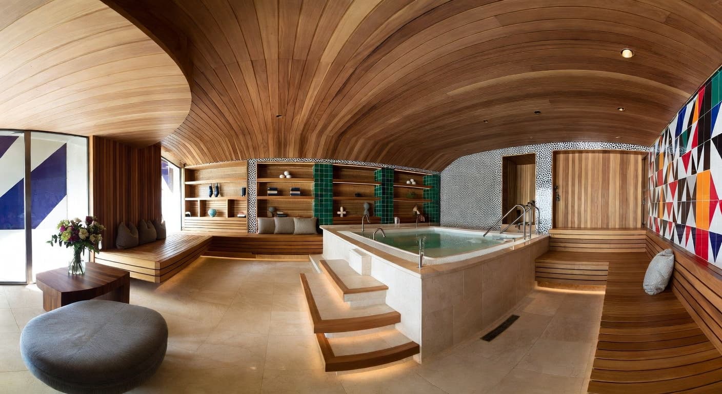 Memphis Design sauna / spa room interior design - featuring memphis design style furniture, decor, colors, and layout ideas for your sauna / spa room