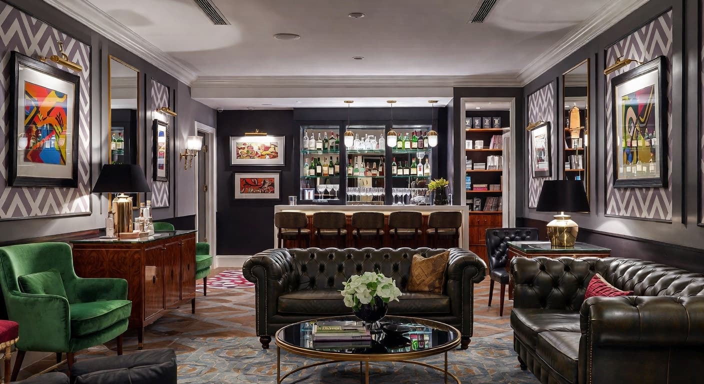 Memphis Design smoking room / cigar lounge interior design - featuring memphis design style furniture, decor, colors, and layout ideas for your smoking room / cigar lounge