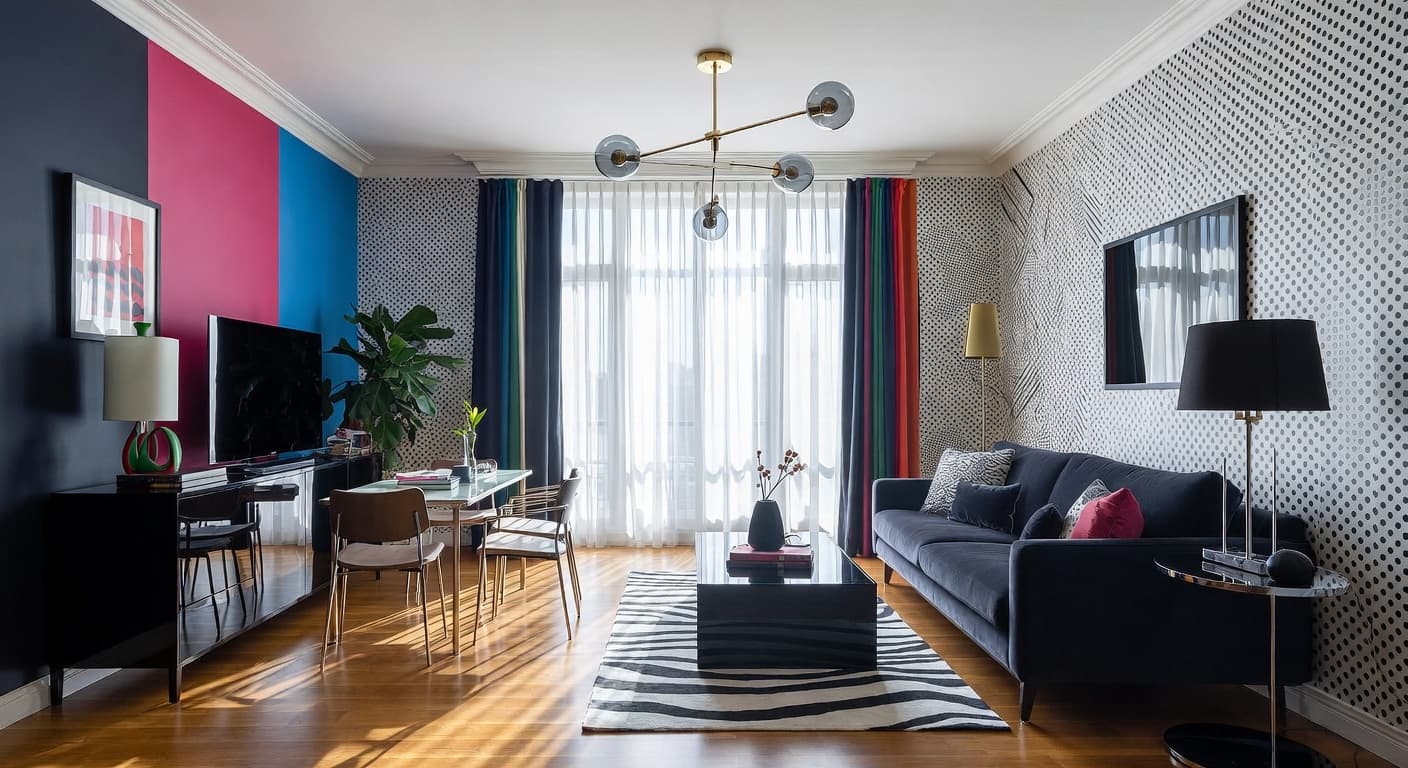 Memphis Design teen room / den interior design - featuring memphis design style furniture, decor, colors, and layout ideas for your teen room / den