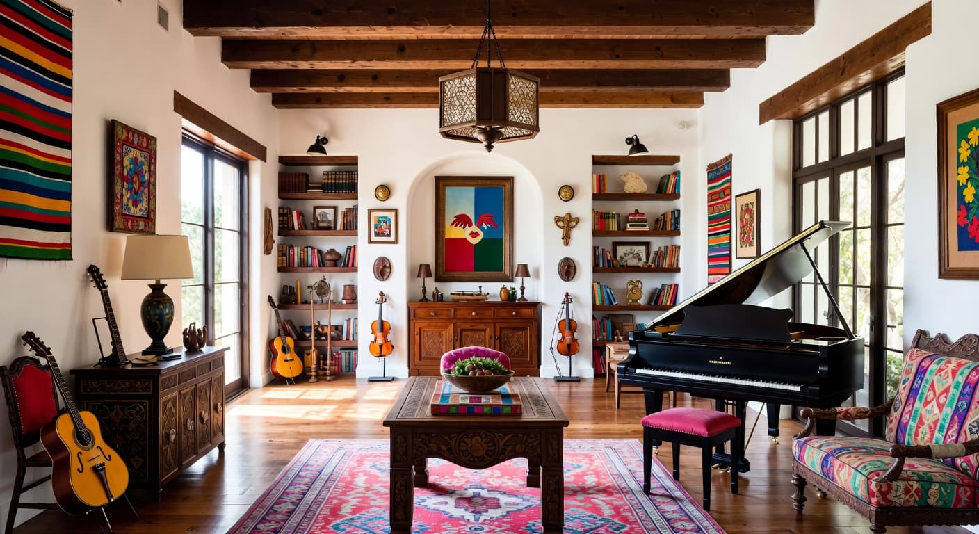 Mexican music room interior design - featuring mexican style furniture, decor, colors, and layout ideas for your music room