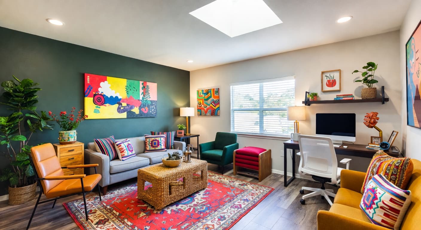 Mexican teen room / den interior design - featuring mexican style furniture, decor, colors, and layout ideas for your teen room / den