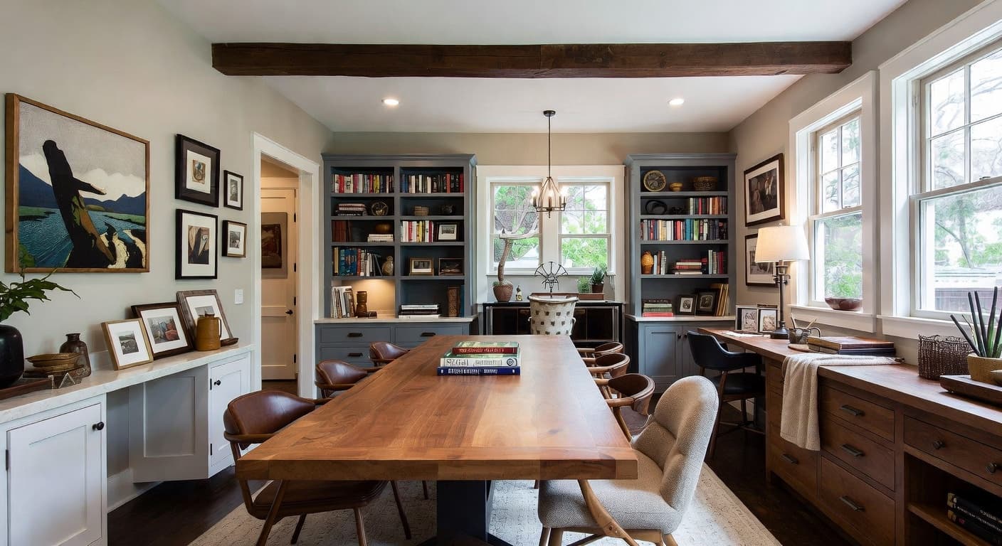 Mission Style craft room / studio interior design - featuring mission style style furniture, decor, colors, and layout ideas for your craft room / studio