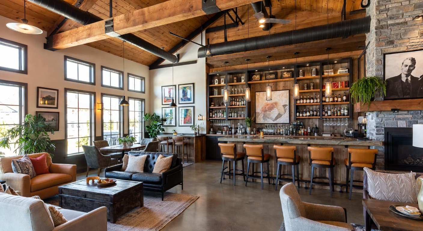 Modern Prairie bar room interior design - featuring modern prairie style furniture, decor, colors, and layout ideas for your bar room
