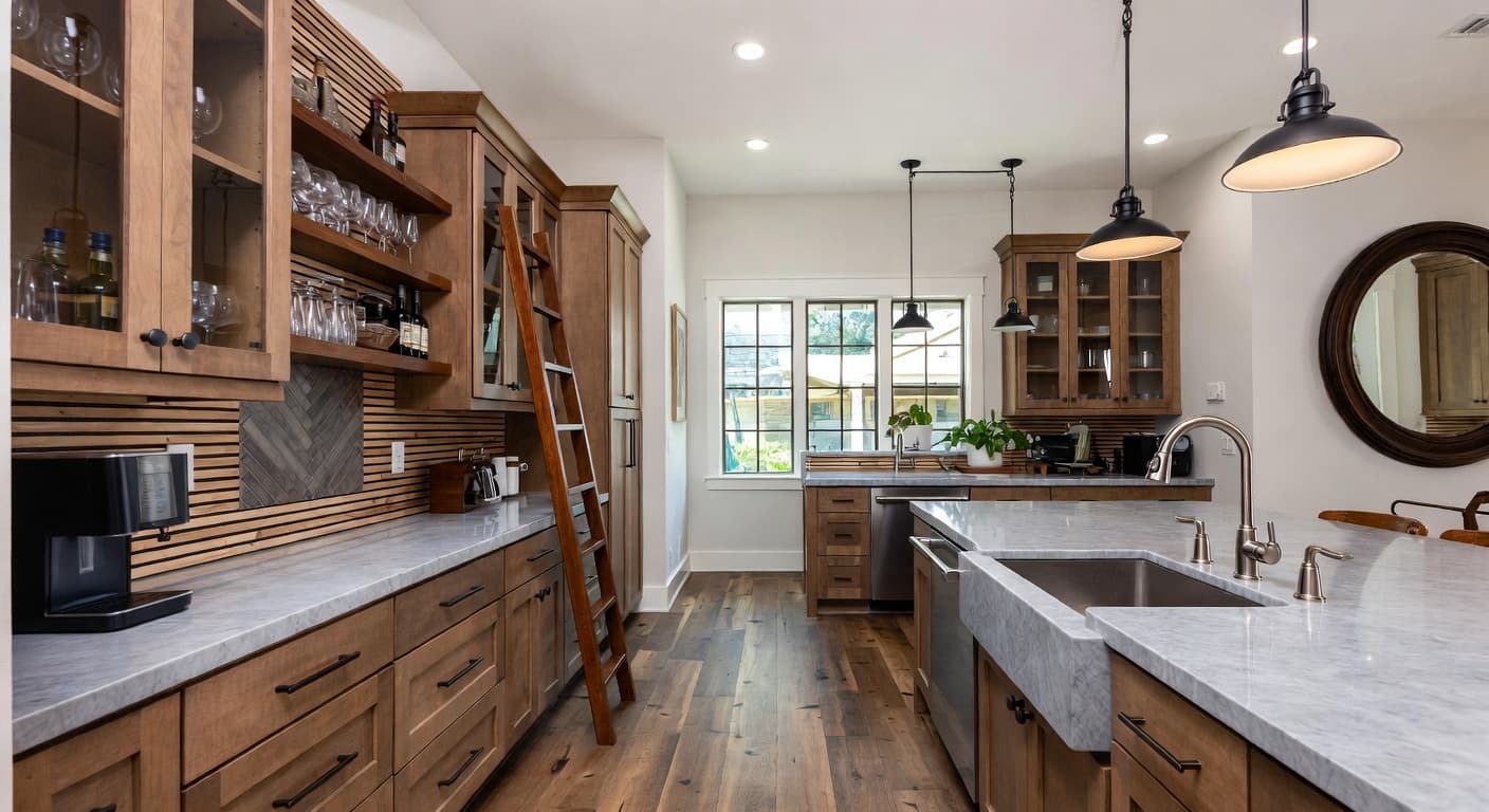 Modern Prairie butler's pantry interior design - featuring modern prairie style furniture, decor, colors, and layout ideas for your butler's pantry