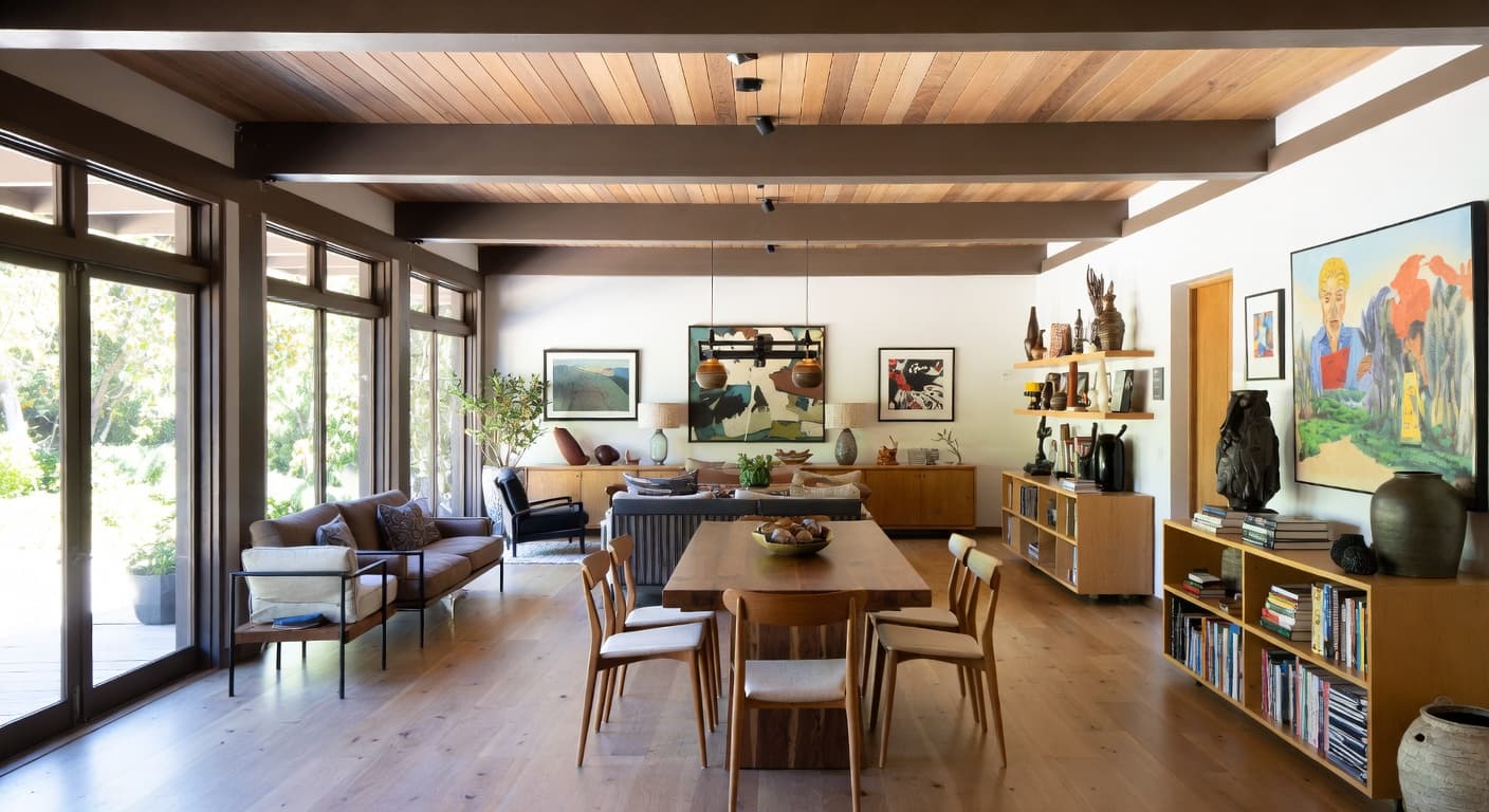 Modern Prairie gallery / art display interior design - featuring modern prairie style furniture, decor, colors, and layout ideas for your gallery / art display