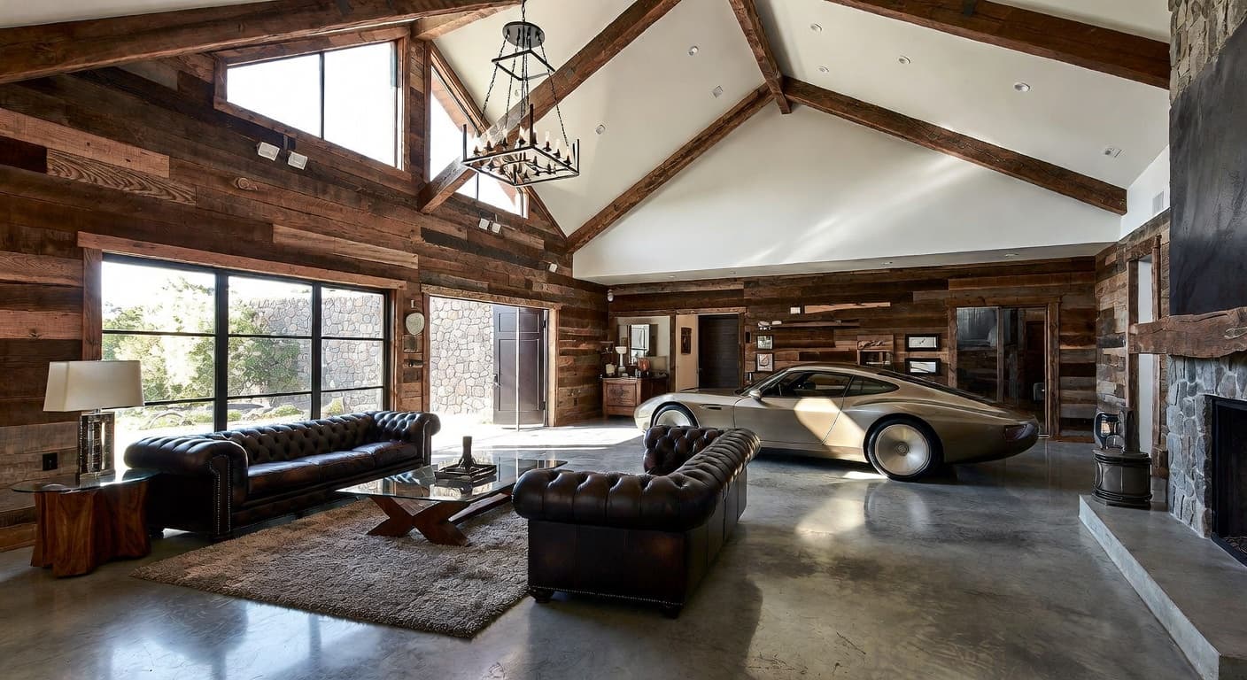 Modern Rustic garage interior interior design - featuring modern rustic style furniture, decor, colors, and layout ideas for your garage interior