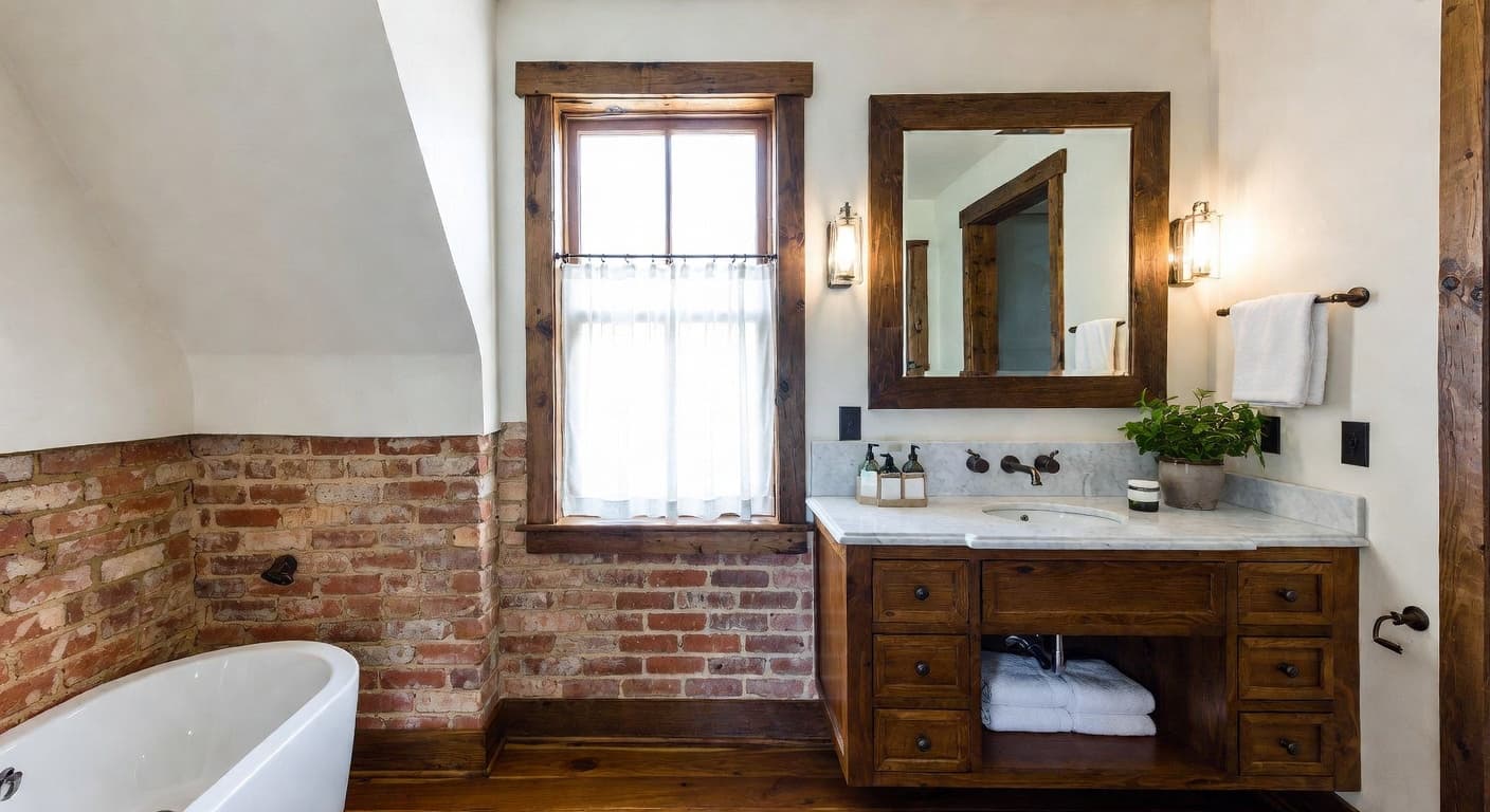 Modern Rustic powder room interior design - featuring modern rustic style furniture, decor, colors, and layout ideas for your powder room