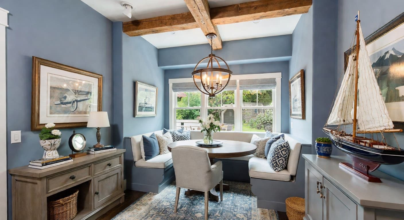 Nautical breakfast nook interior design - featuring nautical style furniture, decor, colors, and layout ideas for your breakfast nook