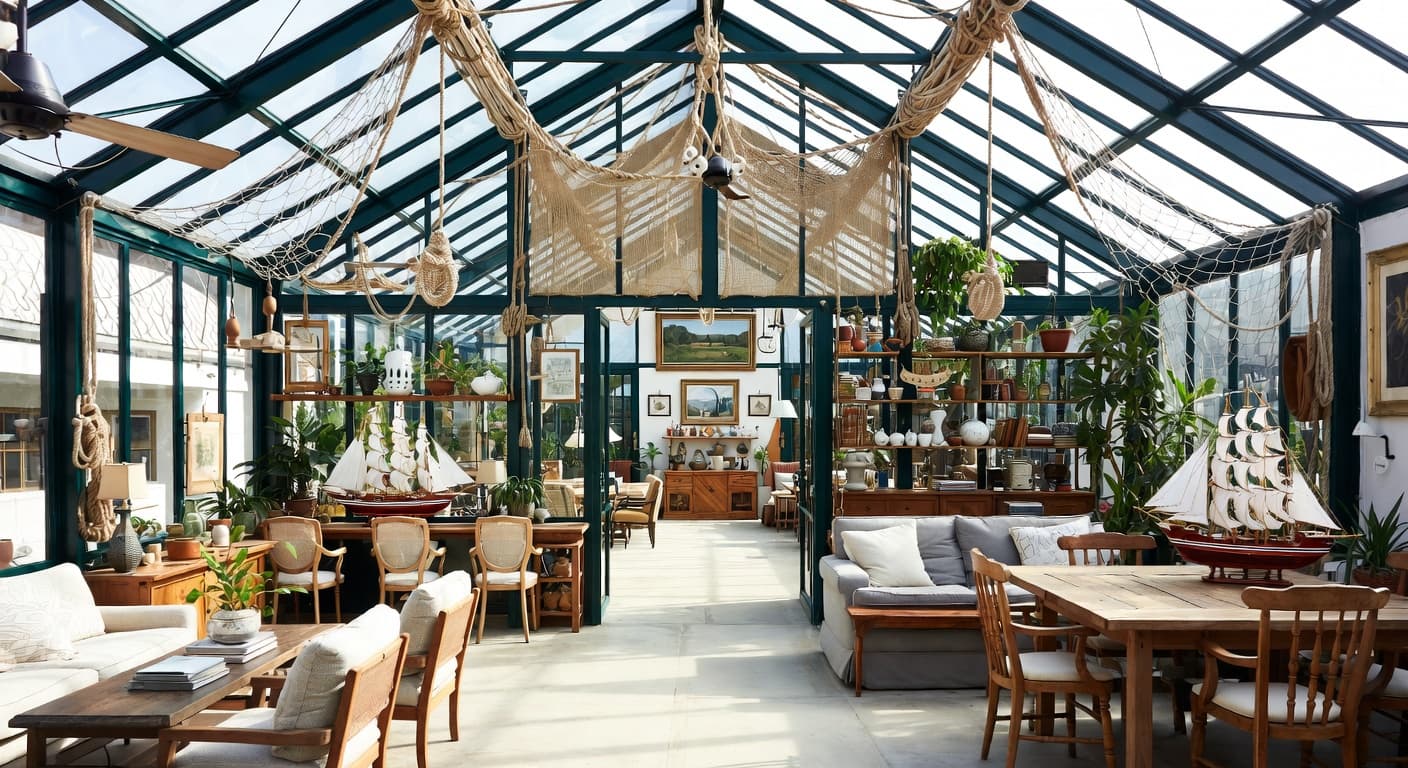 Nautical greenhouse interior design - featuring nautical style furniture, decor, colors, and layout ideas for your greenhouse