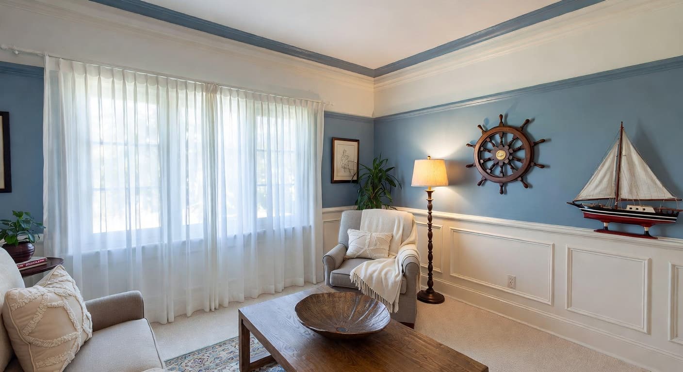 Nautical meditation space interior design - featuring nautical style furniture, decor, colors, and layout ideas for your meditation space