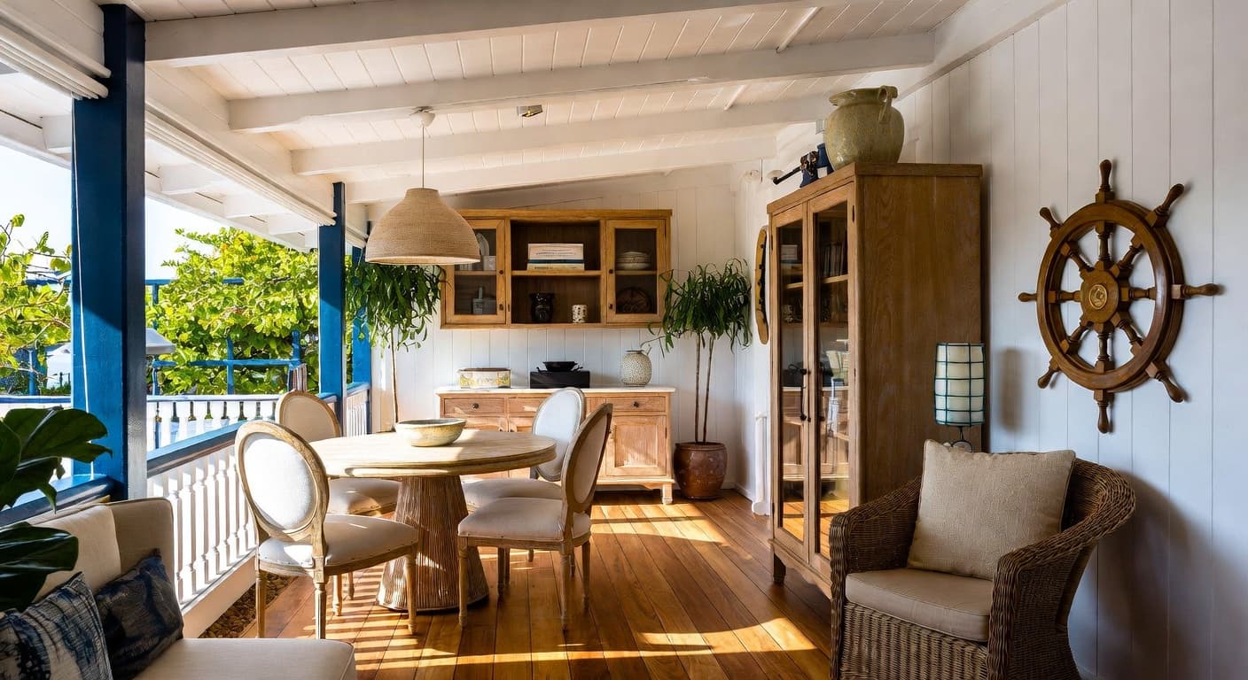 Nautical outdoor space interior design - featuring nautical style furniture, decor, colors, and layout ideas for your outdoor space