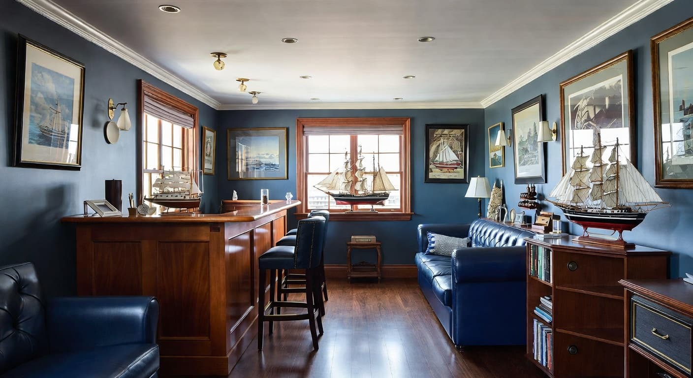 Nautical smoking room / cigar lounge interior design - featuring nautical style furniture, decor, colors, and layout ideas for your smoking room / cigar lounge