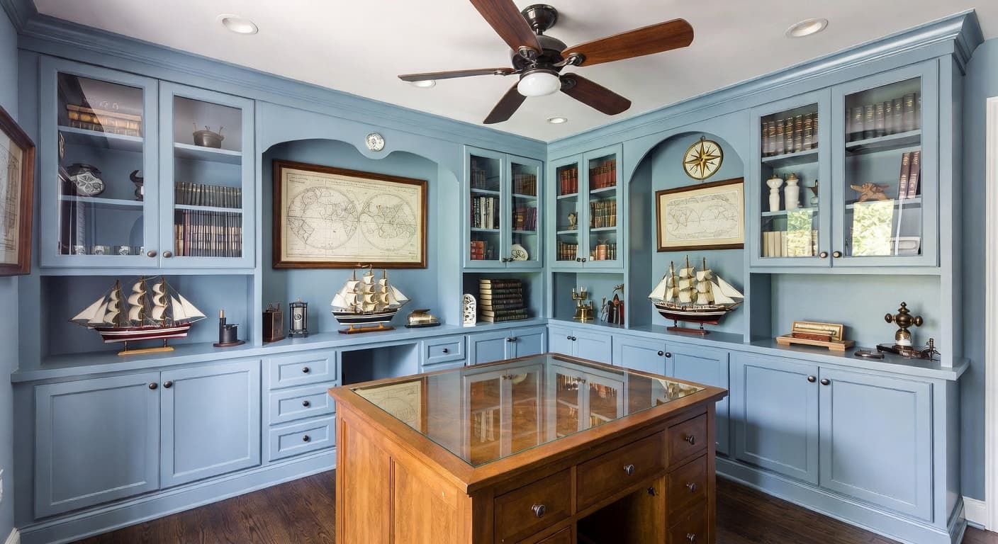 Nautical storage room interior design - featuring nautical style furniture, decor, colors, and layout ideas for your storage room