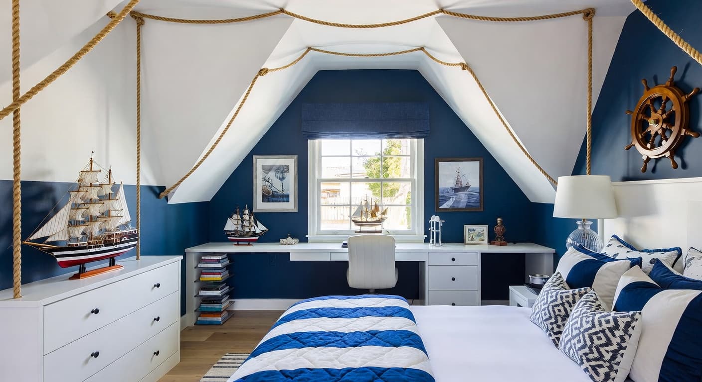 Nautical teen room / den interior design - featuring nautical style furniture, decor, colors, and layout ideas for your teen room / den