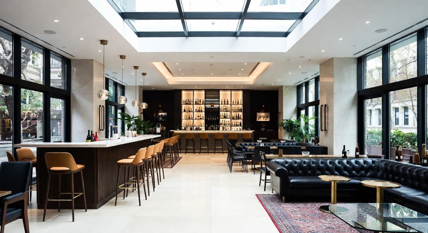 Neo-Futurism bar room interior design - featuring neo-futurism style furniture, decor, colors, and layout ideas for your bar room