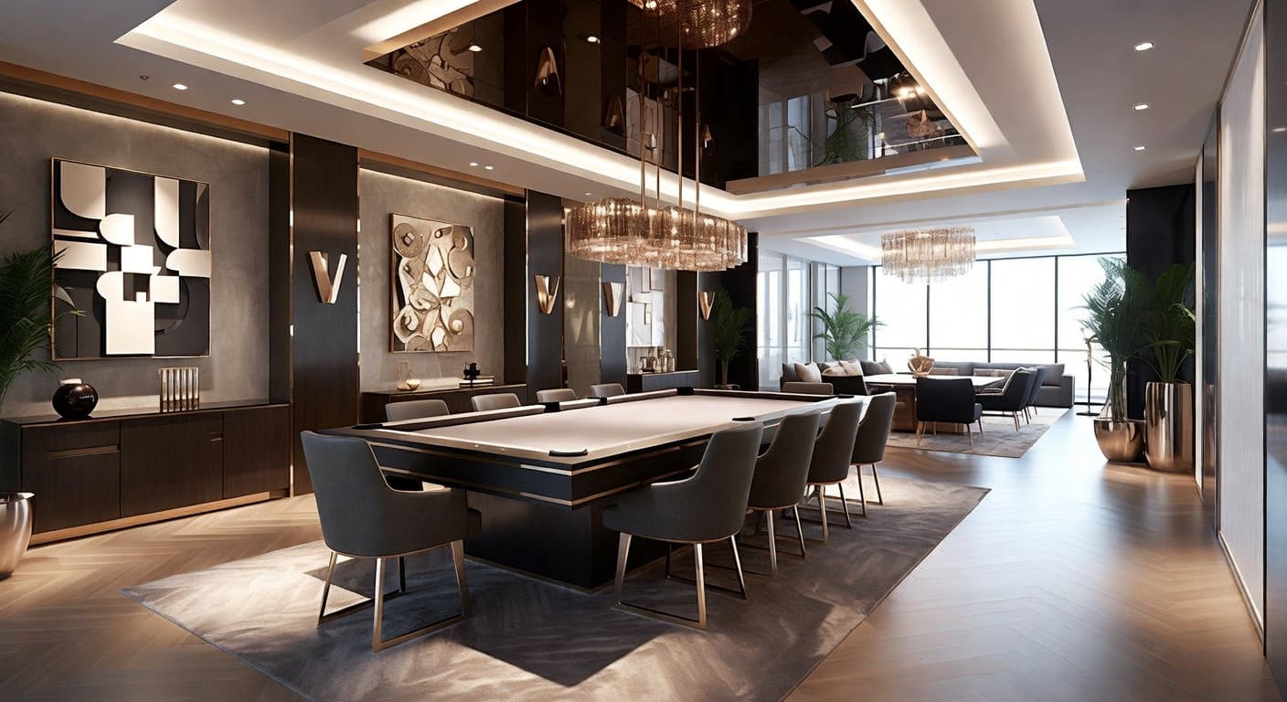 Neo-Futurism billiards room interior design - featuring neo-futurism style furniture, decor, colors, and layout ideas for your billiards room