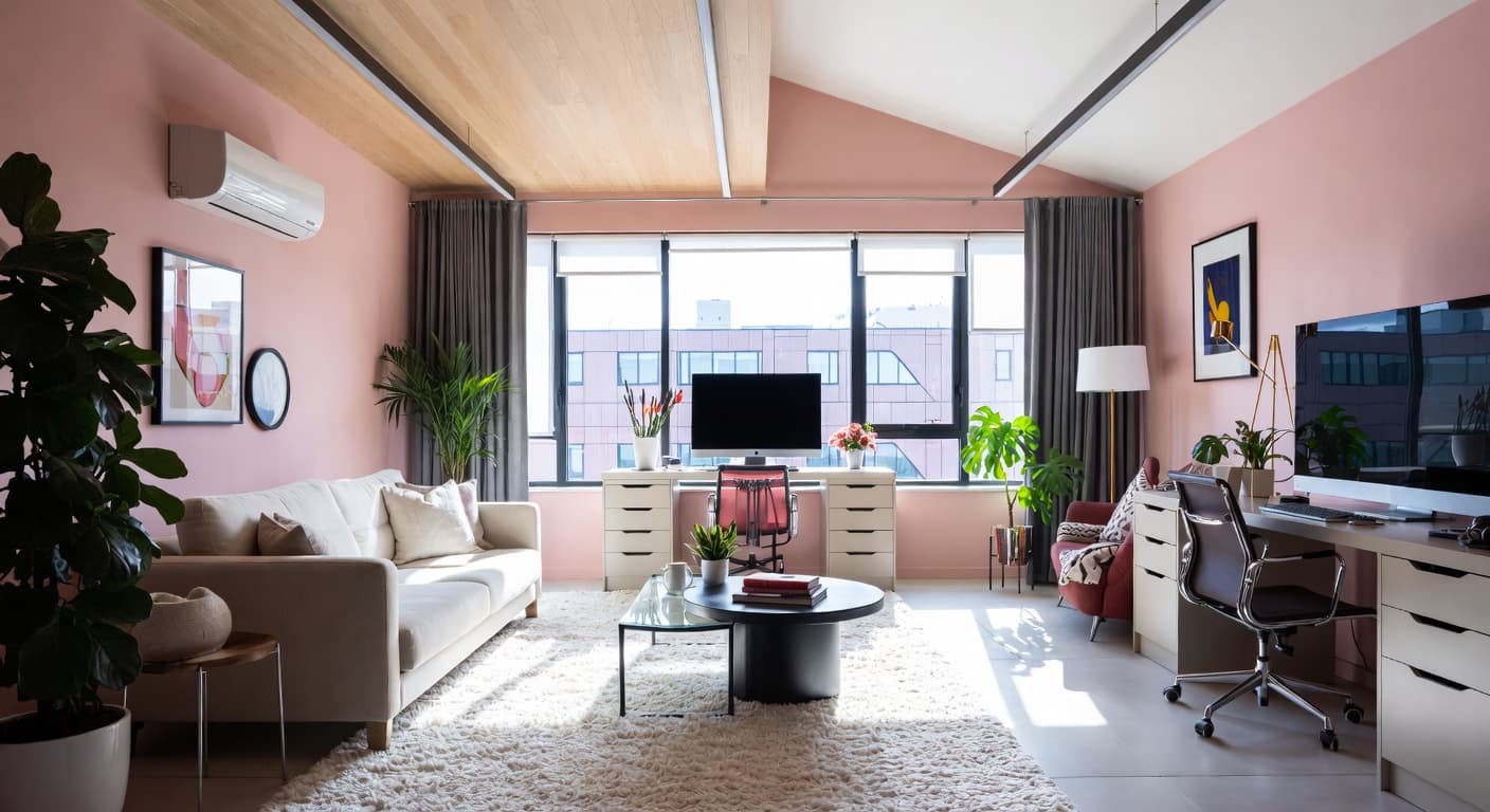 Neo-Futurism craft room / studio interior design - featuring neo-futurism style furniture, decor, colors, and layout ideas for your craft room / studio