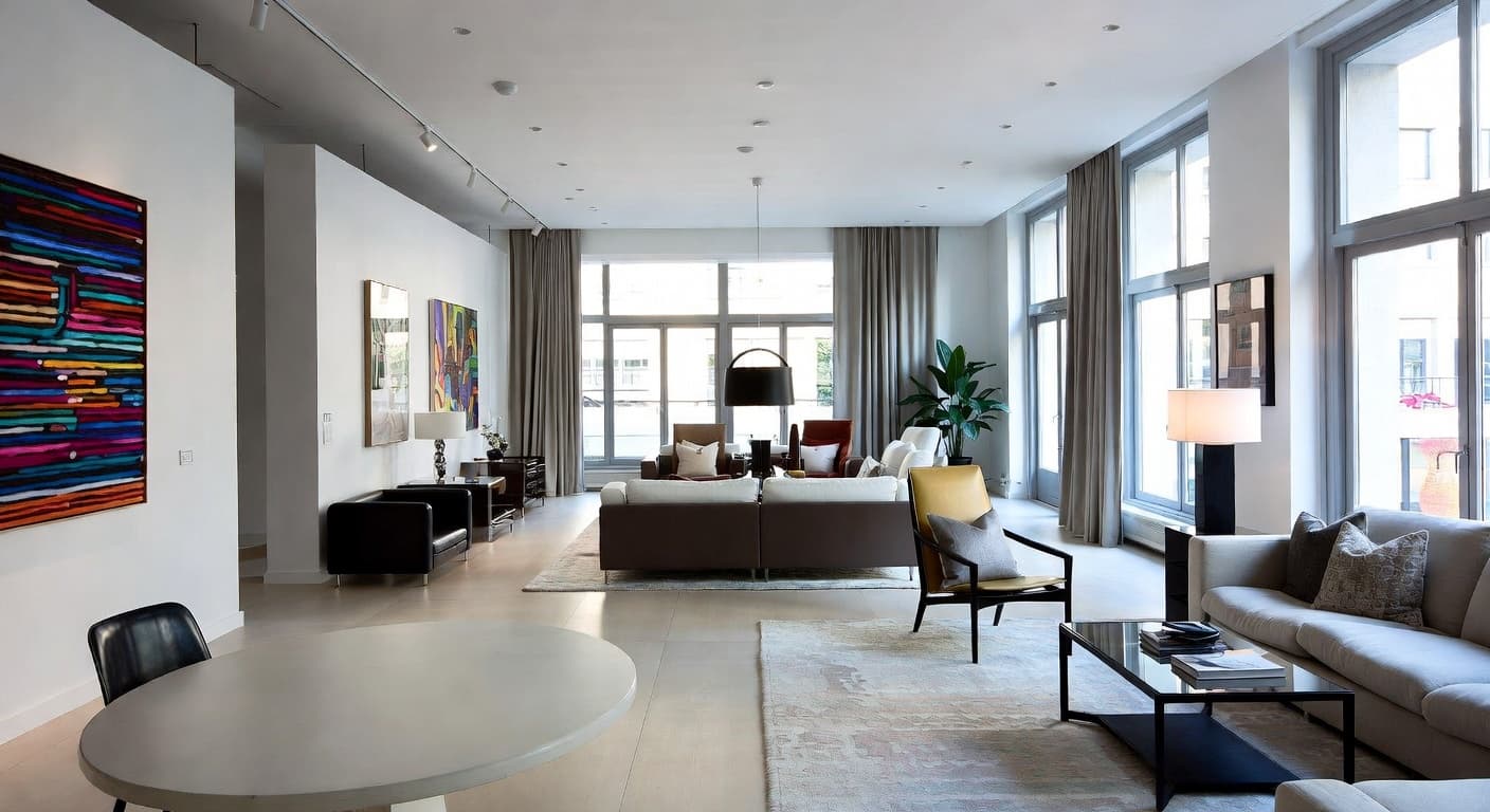 Neo-Futurism gallery / art display interior design - featuring neo-futurism style furniture, decor, colors, and layout ideas for your gallery / art display