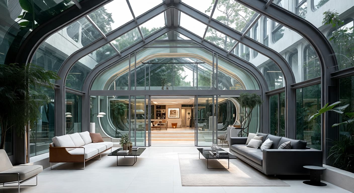 Neo-Futurism greenhouse interior design - featuring neo-futurism style furniture, decor, colors, and layout ideas for your greenhouse