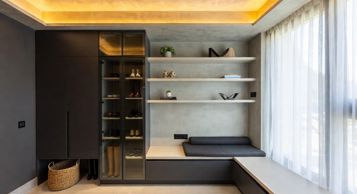Neo-Futurism mudroom interior design - featuring neo-futurism style furniture, decor, colors, and layout ideas for your mudroom