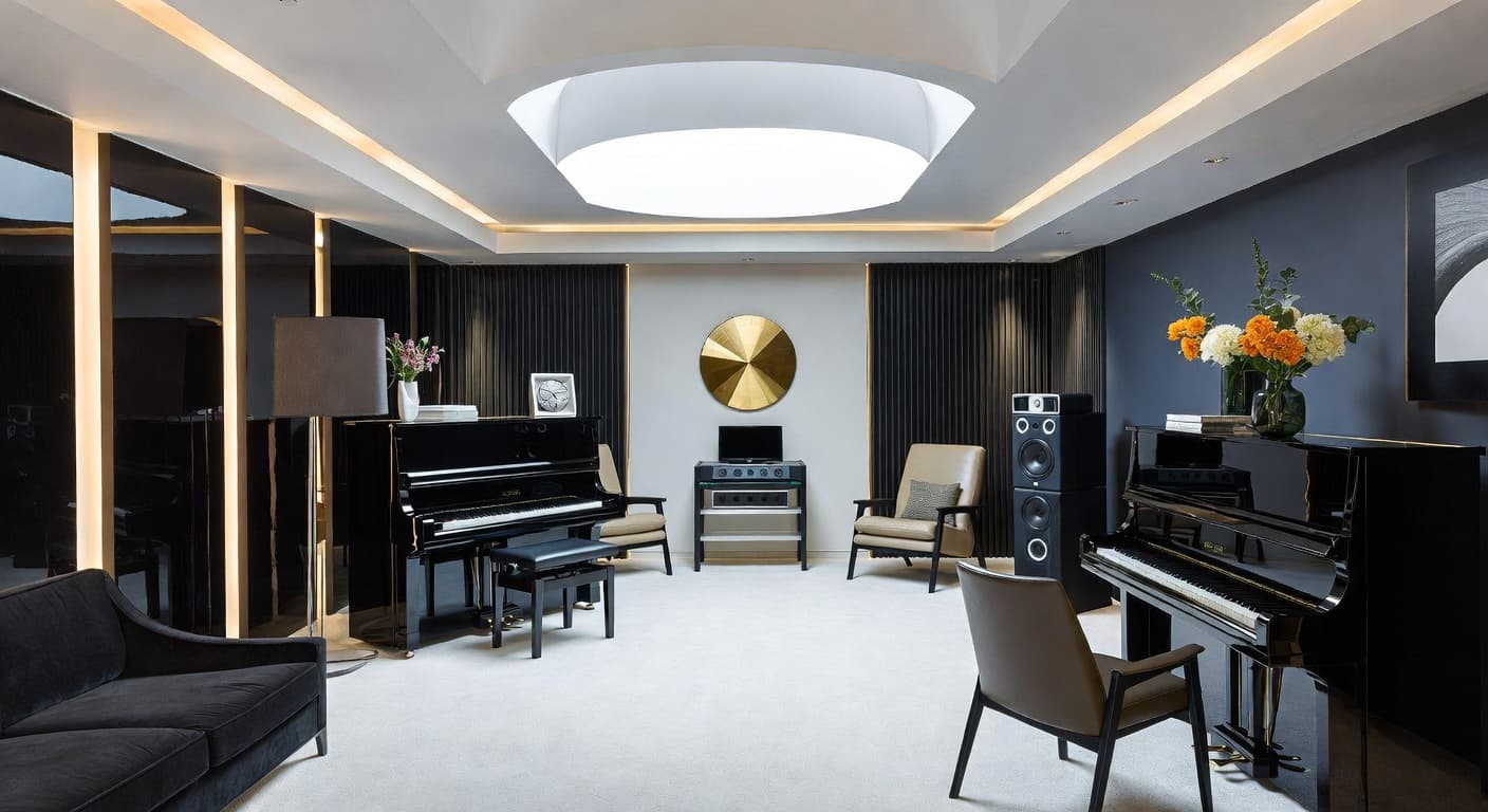 Neo-Futurism music room interior design - featuring neo-futurism style furniture, decor, colors, and layout ideas for your music room