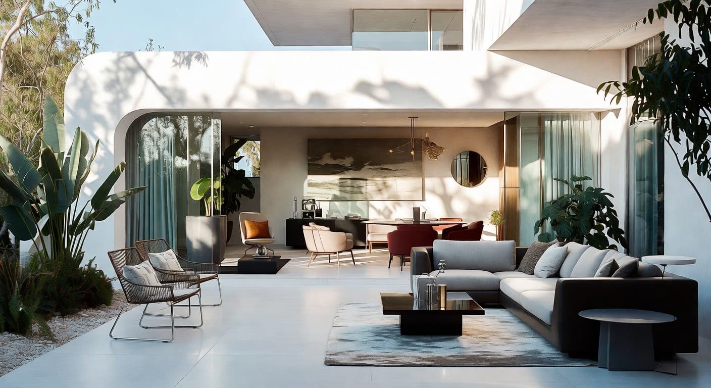 Neo-Futurism outdoor space interior design - featuring neo-futurism style furniture, decor, colors, and layout ideas for your outdoor space