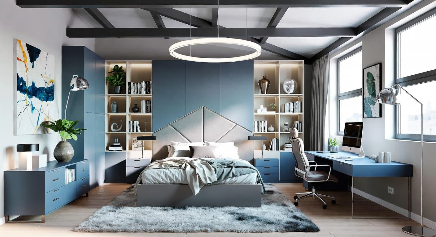 Neo-Futurism teen room / den interior design - featuring neo-futurism style furniture, decor, colors, and layout ideas for your teen room / den