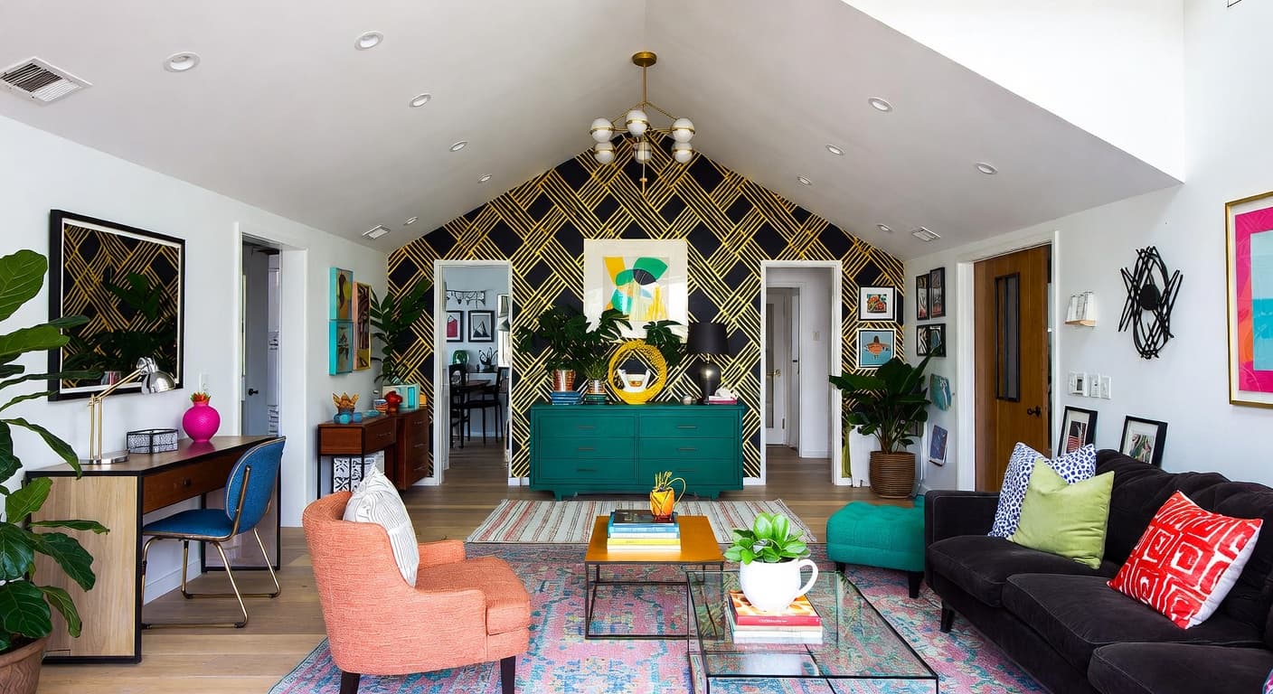 Neo-Memphis craft room / studio interior design - featuring neo-memphis style furniture, decor, colors, and layout ideas for your craft room / studio