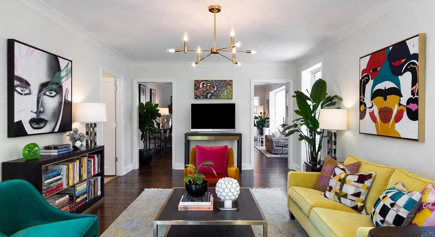 Neo-Memphis gallery / art display interior design - featuring neo-memphis style furniture, decor, colors, and layout ideas for your gallery / art display