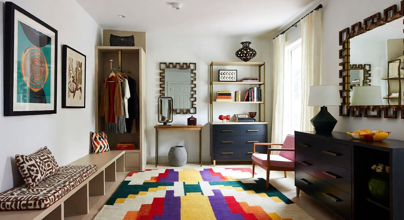 Neo-Memphis mudroom interior design - featuring neo-memphis style furniture, decor, colors, and layout ideas for your mudroom