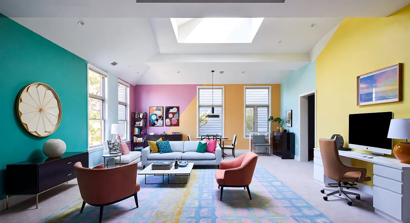 Neo-Memphis multi-purpose room interior design - featuring neo-memphis style furniture, decor, colors, and layout ideas for your multi-purpose room