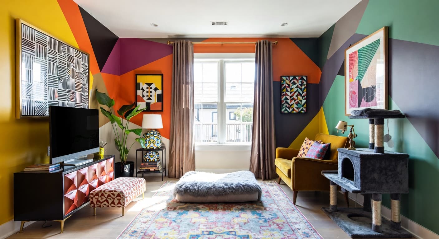 Neo-Memphis pet room interior design - featuring neo-memphis style furniture, decor, colors, and layout ideas for your pet room