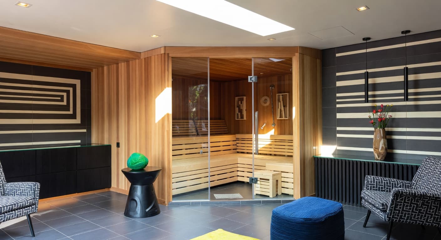 Neo-Memphis sauna / spa room interior design - featuring neo-memphis style furniture, decor, colors, and layout ideas for your sauna / spa room