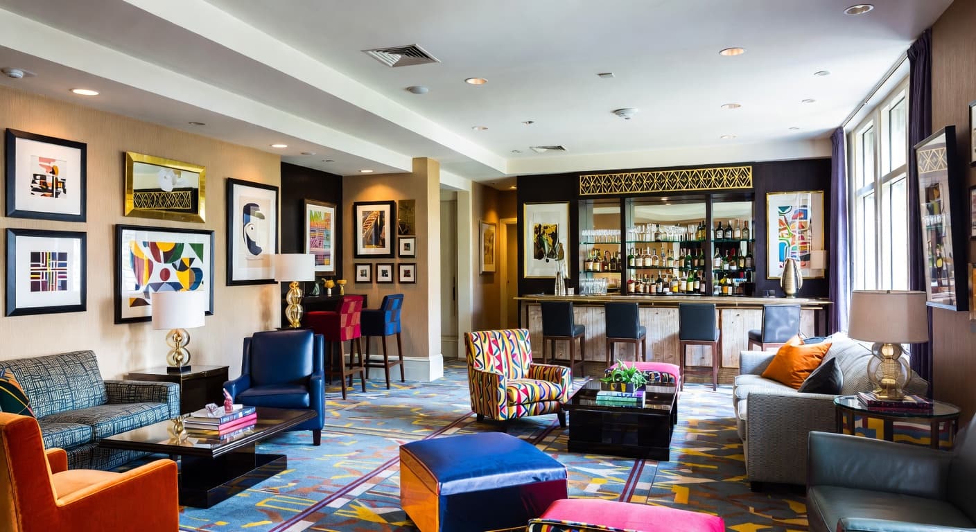 Neo-Memphis smoking room / cigar lounge interior design - featuring neo-memphis style furniture, decor, colors, and layout ideas for your smoking room / cigar lounge